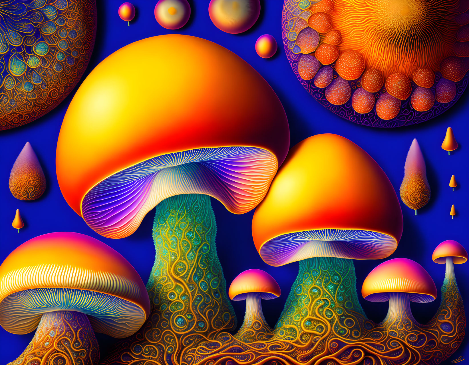 Colorful Psychedelic Mushroom Illustration on Blue Background