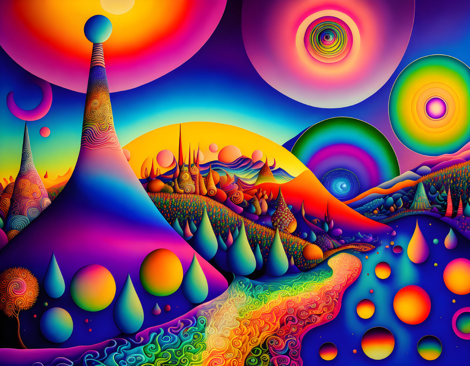 Colorful Psychedelic Landscape with Swirling Patterns and Gradient Spheres