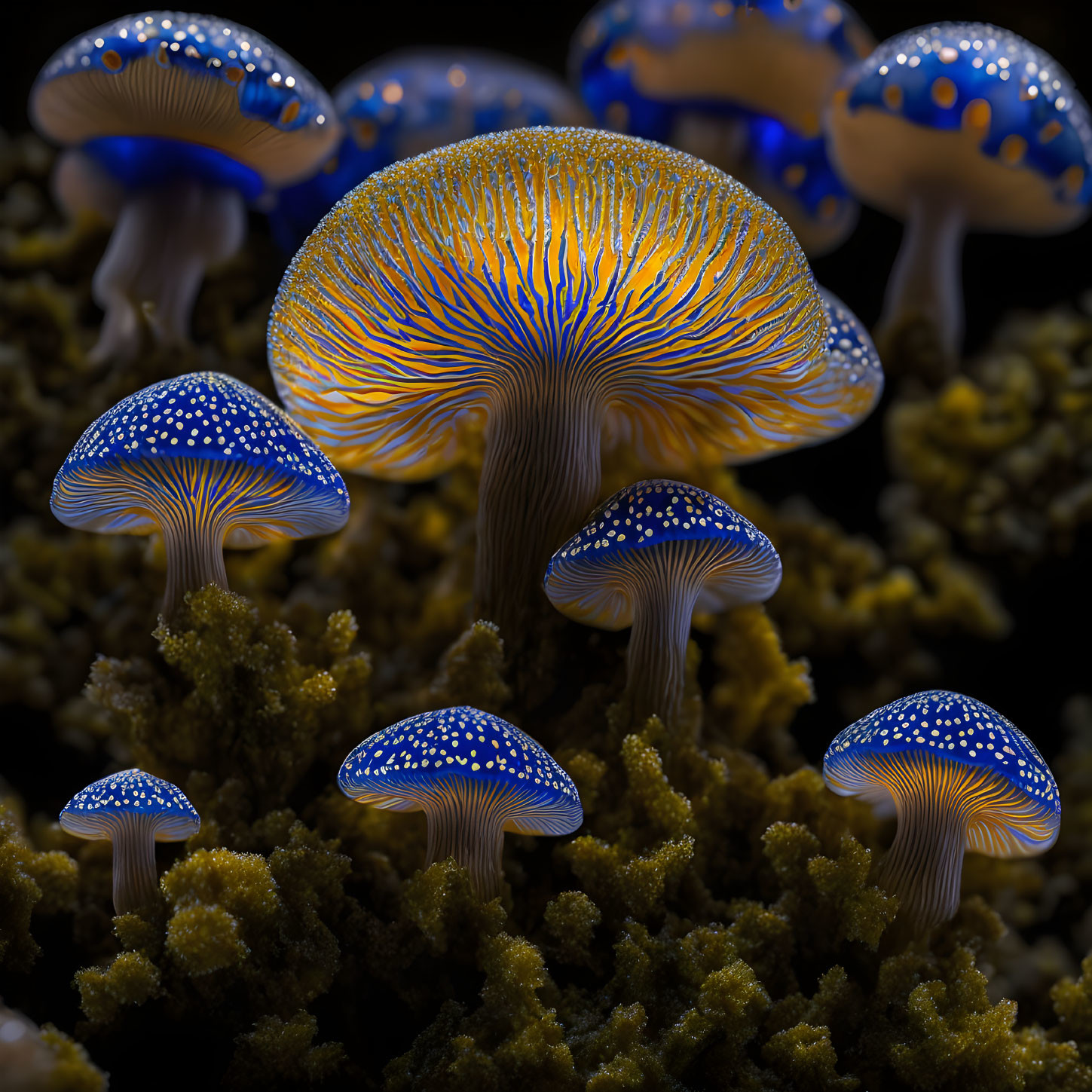 Vivid Luminescent Blue Mushrooms with White Spots on Dark Background