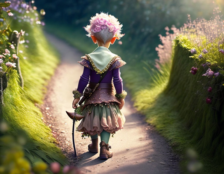 Pink-haired animated character strolls on sunny path with umbrella