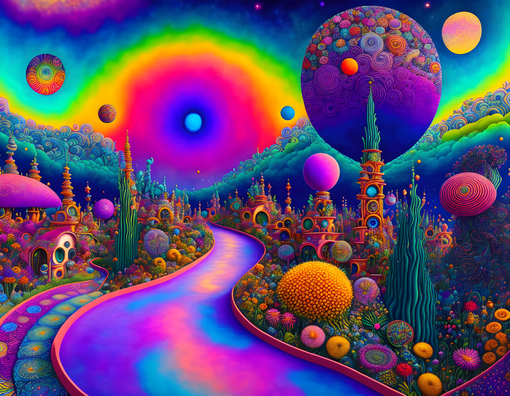 Colorful Psychedelic Landscape with Rainbow Sky & Fantastical Structures