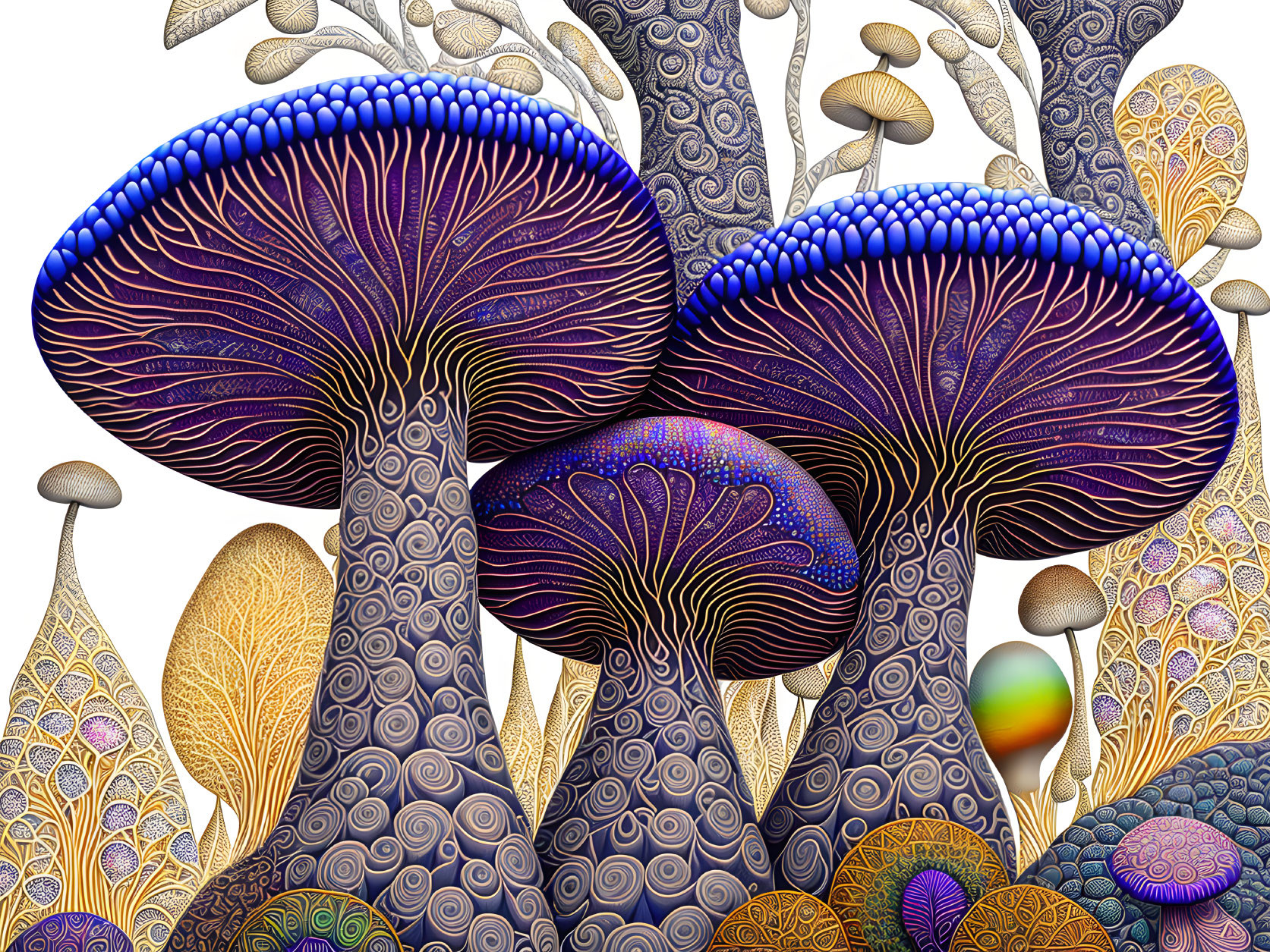 Vibrant digital artwork featuring stylized mushrooms and intricate patterns