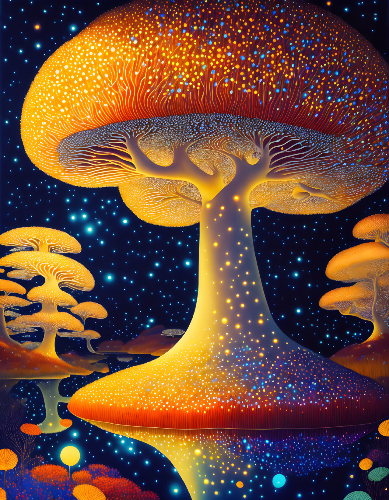 Luminous oversized mushrooms in starry sky setting