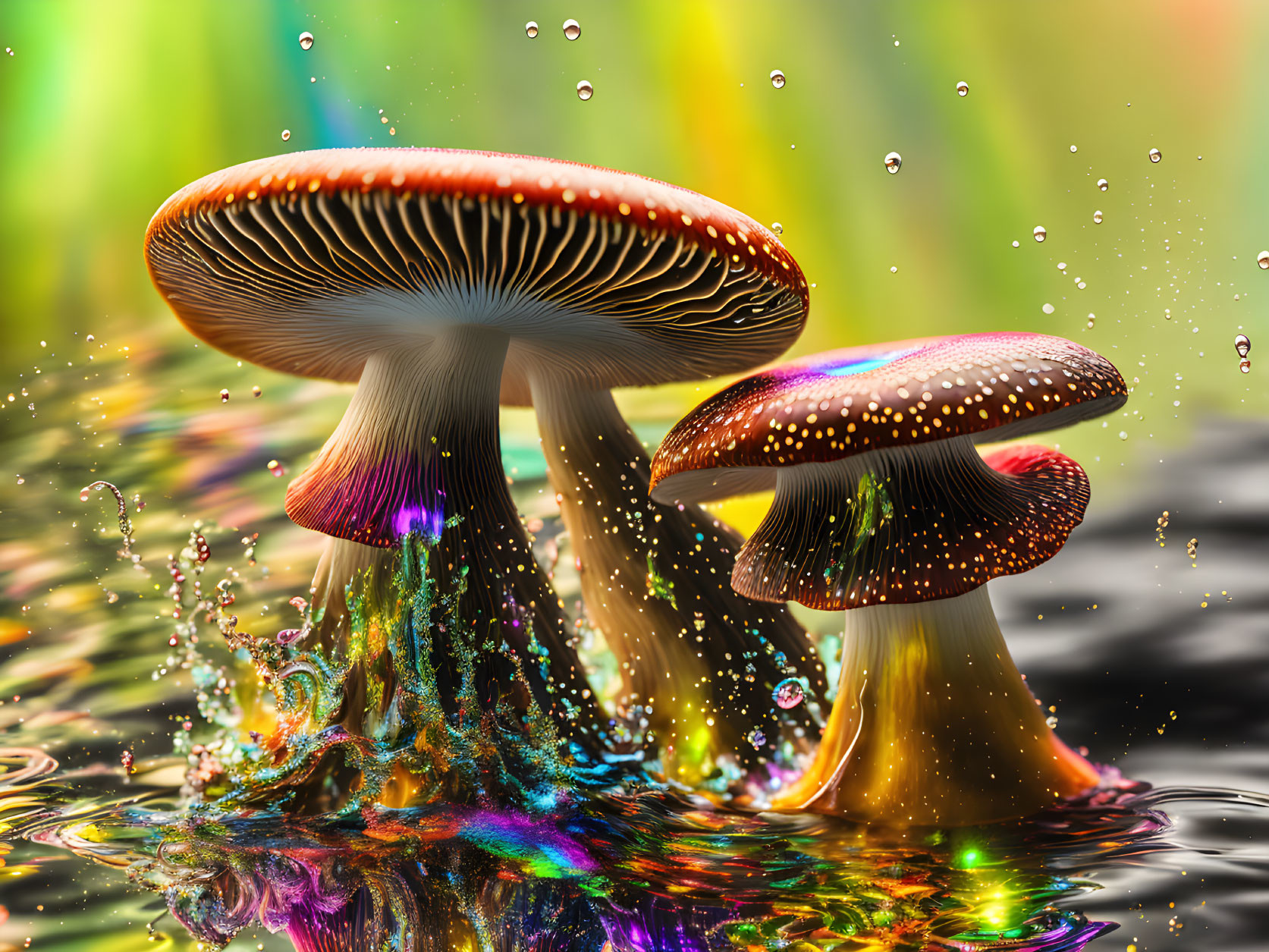 Colorful Psychedelic Mushrooms with Glistening Water Droplets