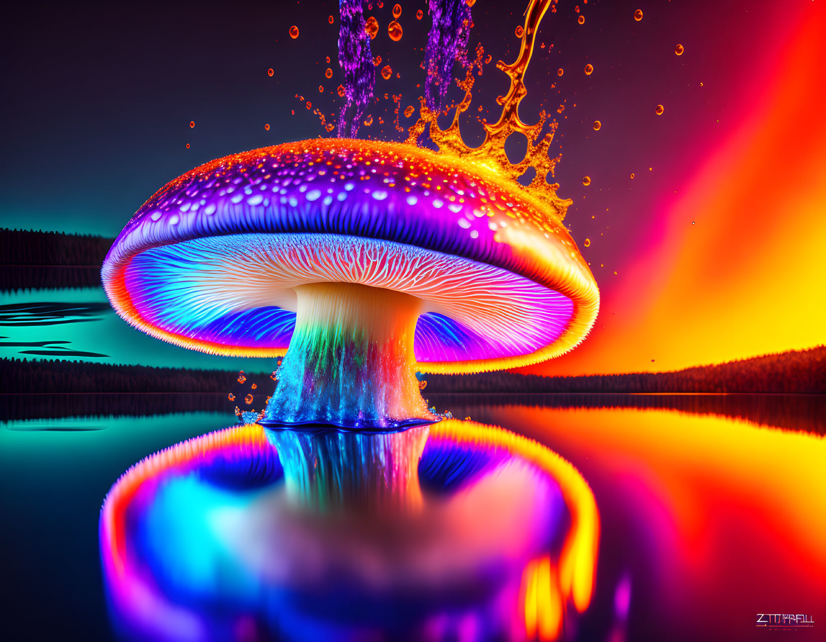 Neon-lit jellyfish-like structure reflected on calm water at twilight