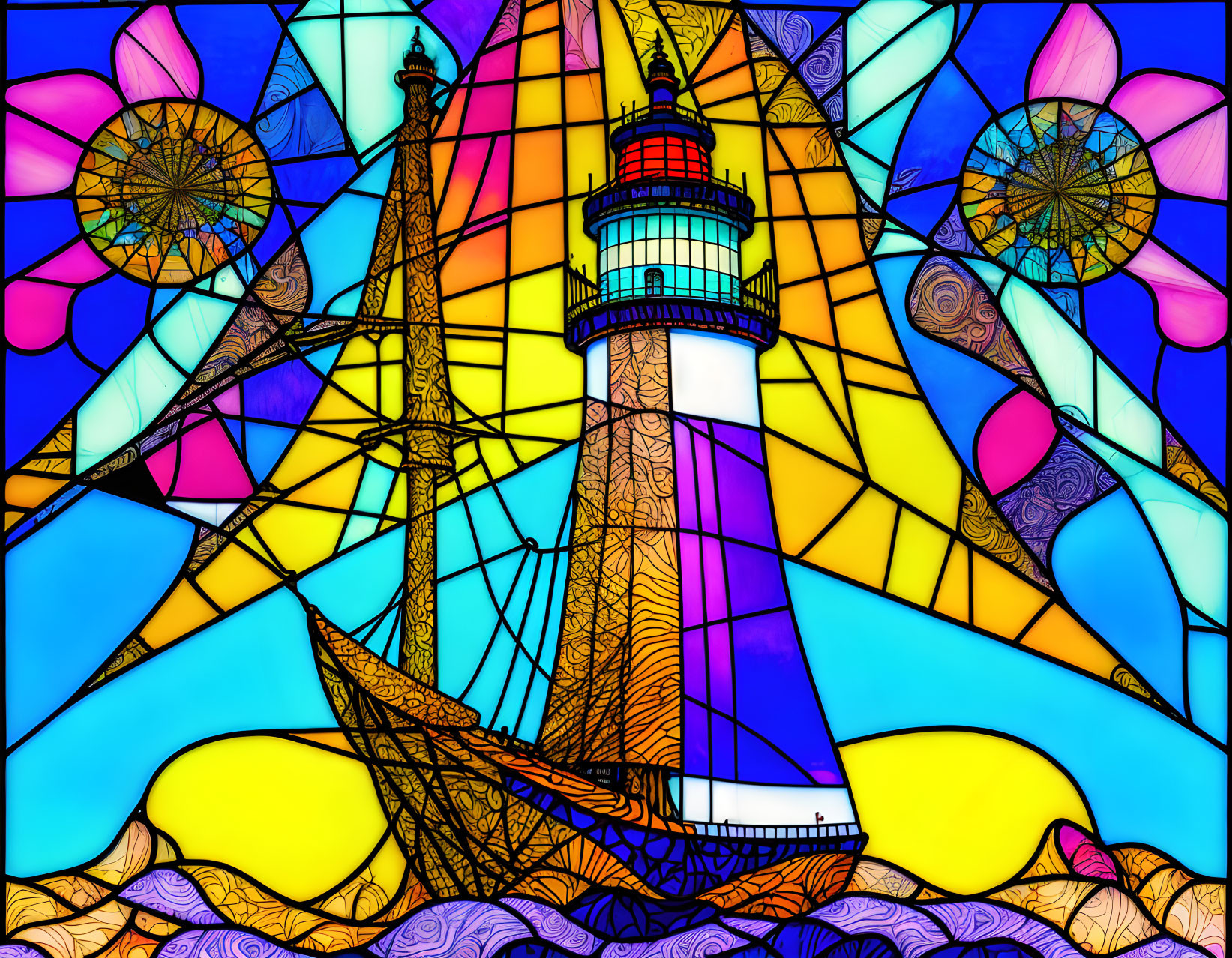 Colorful Stained Glass Art: Lighthouse, Ship, Sea, Sky & Flowers