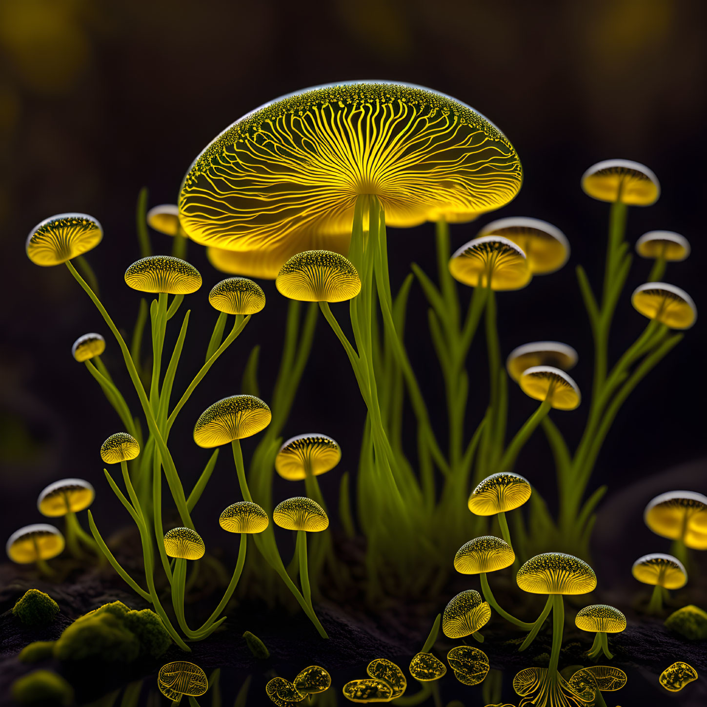 Vibrant Yellow Bioluminescent Mushrooms in Darkness