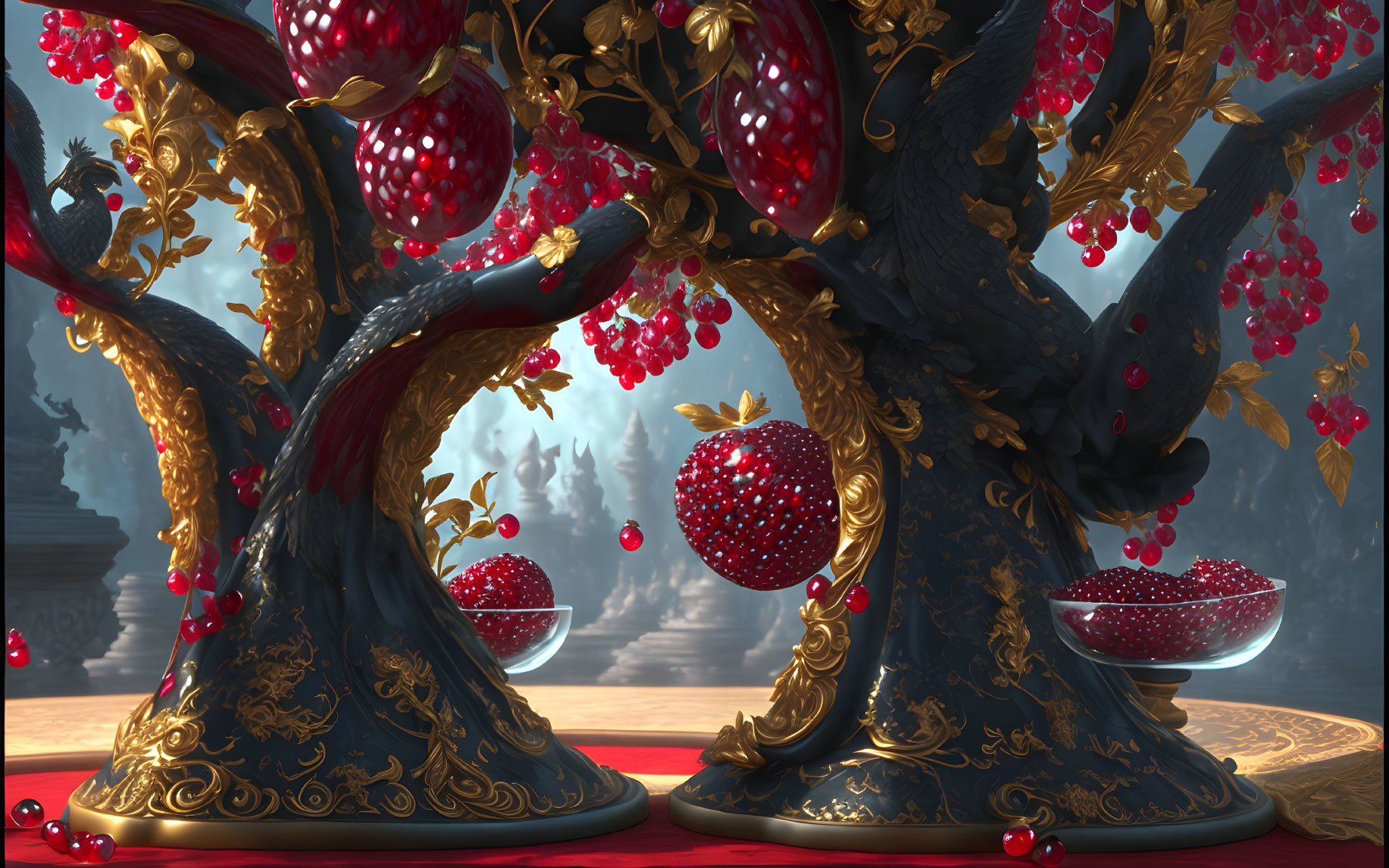 Fantasy scene: Golden trees, red berries, luxurious table, icy backdrop