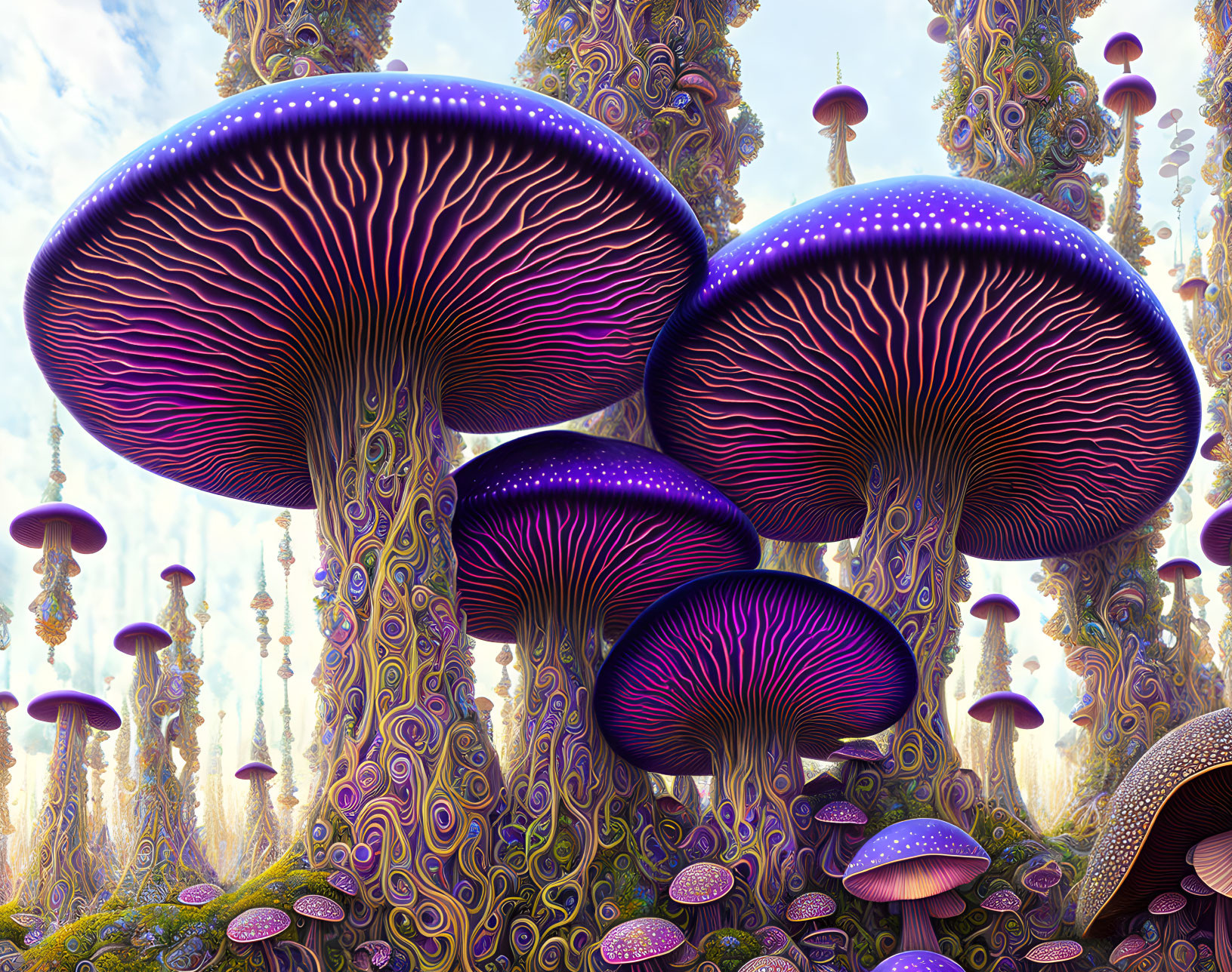 Vivid Purple Mushrooms in Surreal Landscape