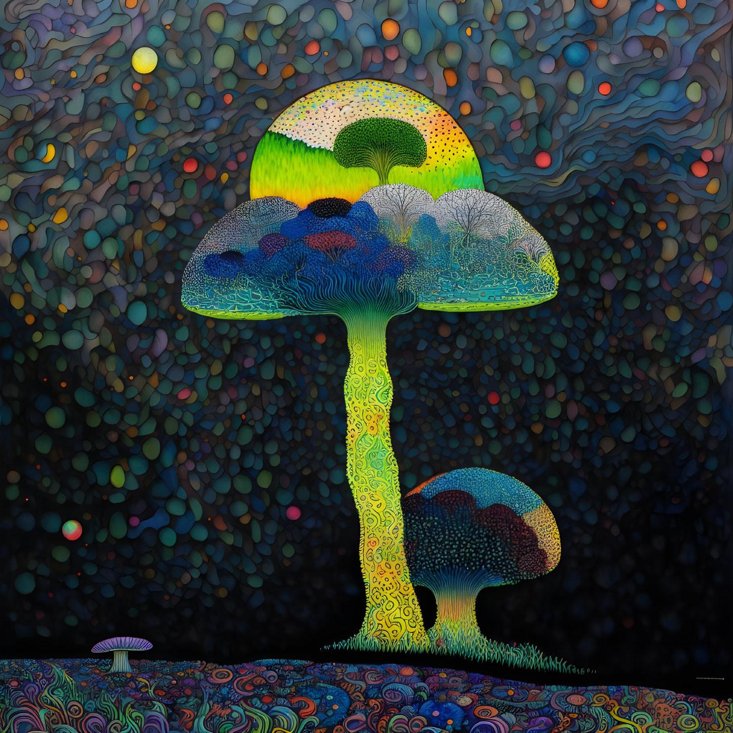 Colorful Psychedelic Mushroom Painting with Patterned Background