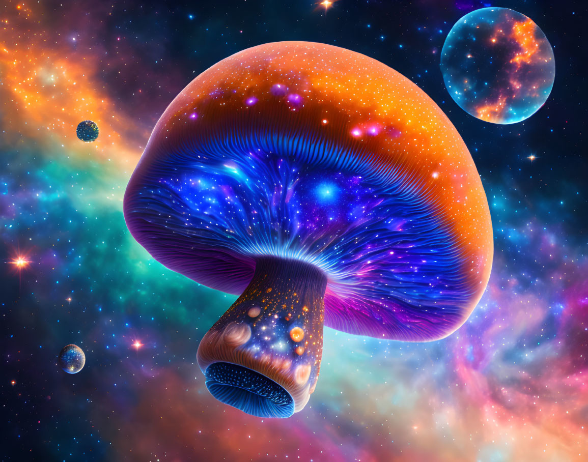 Giant glowing mushroom in colorful cosmic scene