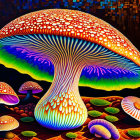 Colorful psychedelic mushrooms on dark pixelated background