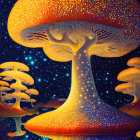 Colorful luminescent mushrooms on dark, starry background