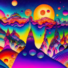 Colorful Psychedelic Landscape with Celestial Bodies