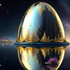 Surreal image of glossy ornate egg in starry space