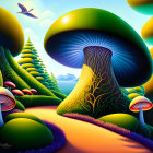 Colorful surreal landscape with oversized mushrooms, swirling patterns, mountain, and birds.