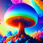 Colorful tree with rainbow canopy in surreal landscape