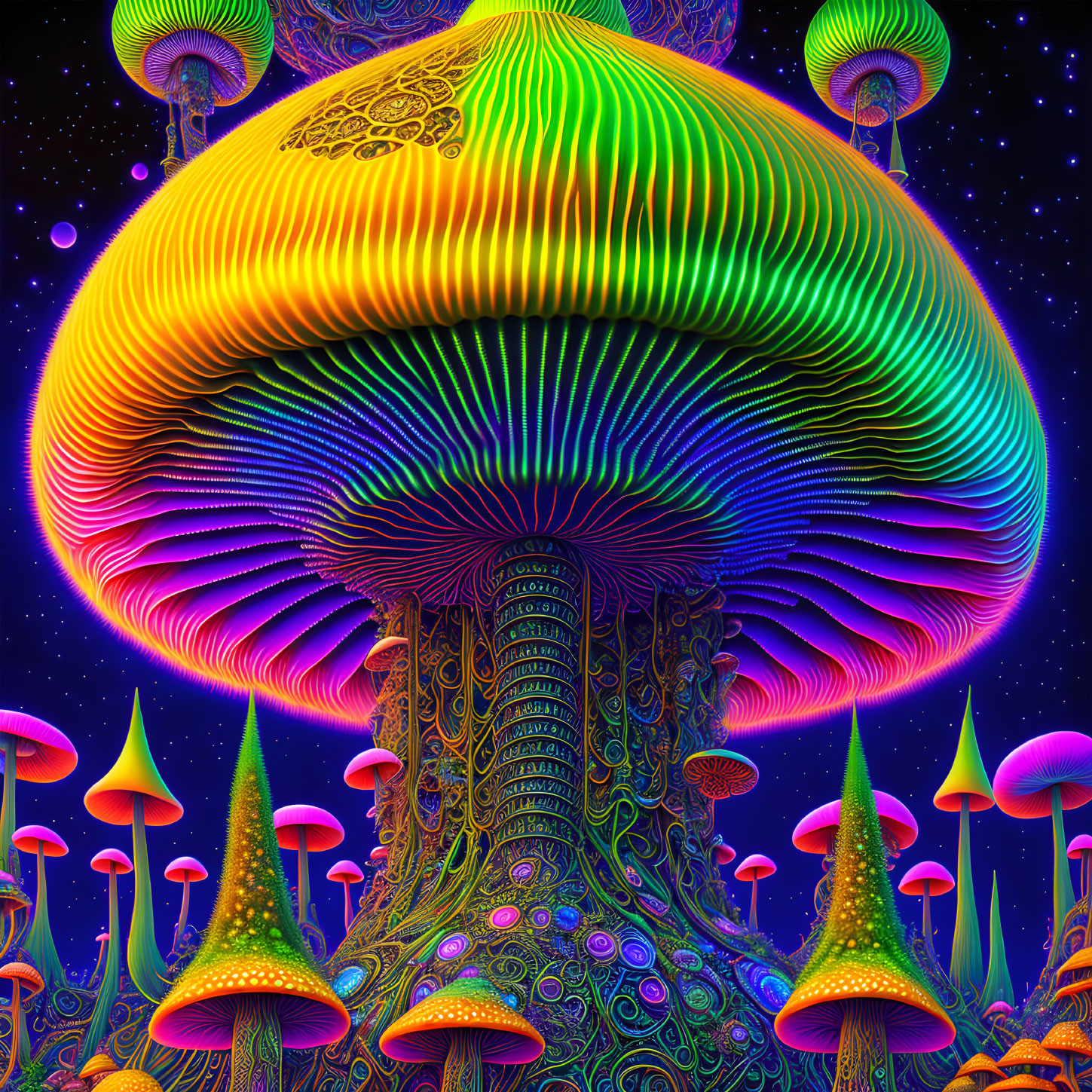 Colorful psychedelic mushroom illustration in starry forest