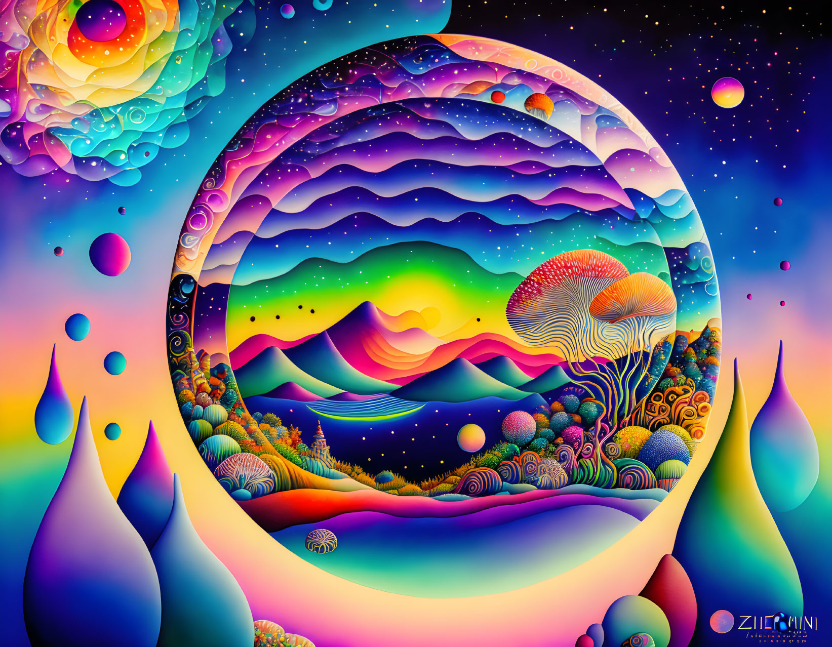 Colorful Psychedelic Landscape with Crescent, Planets, and Flora