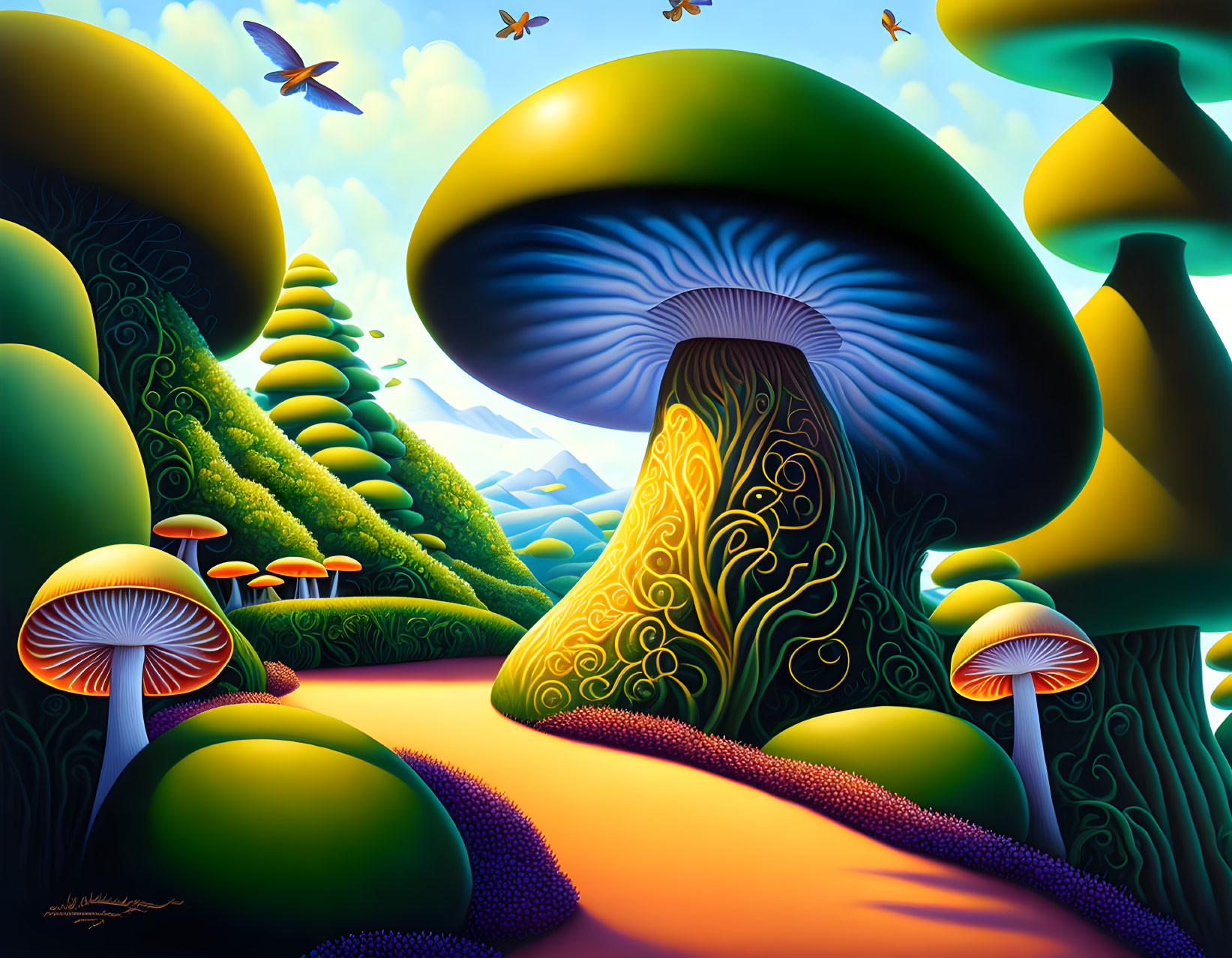 Colorful surreal landscape with oversized mushrooms, swirling patterns, mountain, and birds.