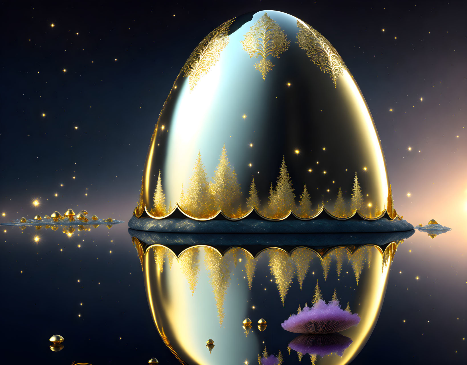 Surreal image of glossy ornate egg in starry space