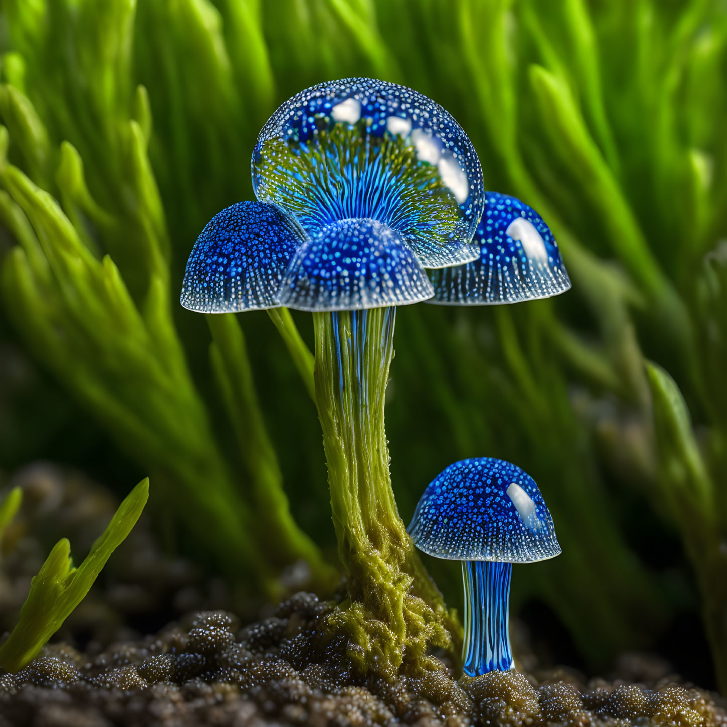 Blue Bioluminescent Mushrooms in Mossy Forest Setting