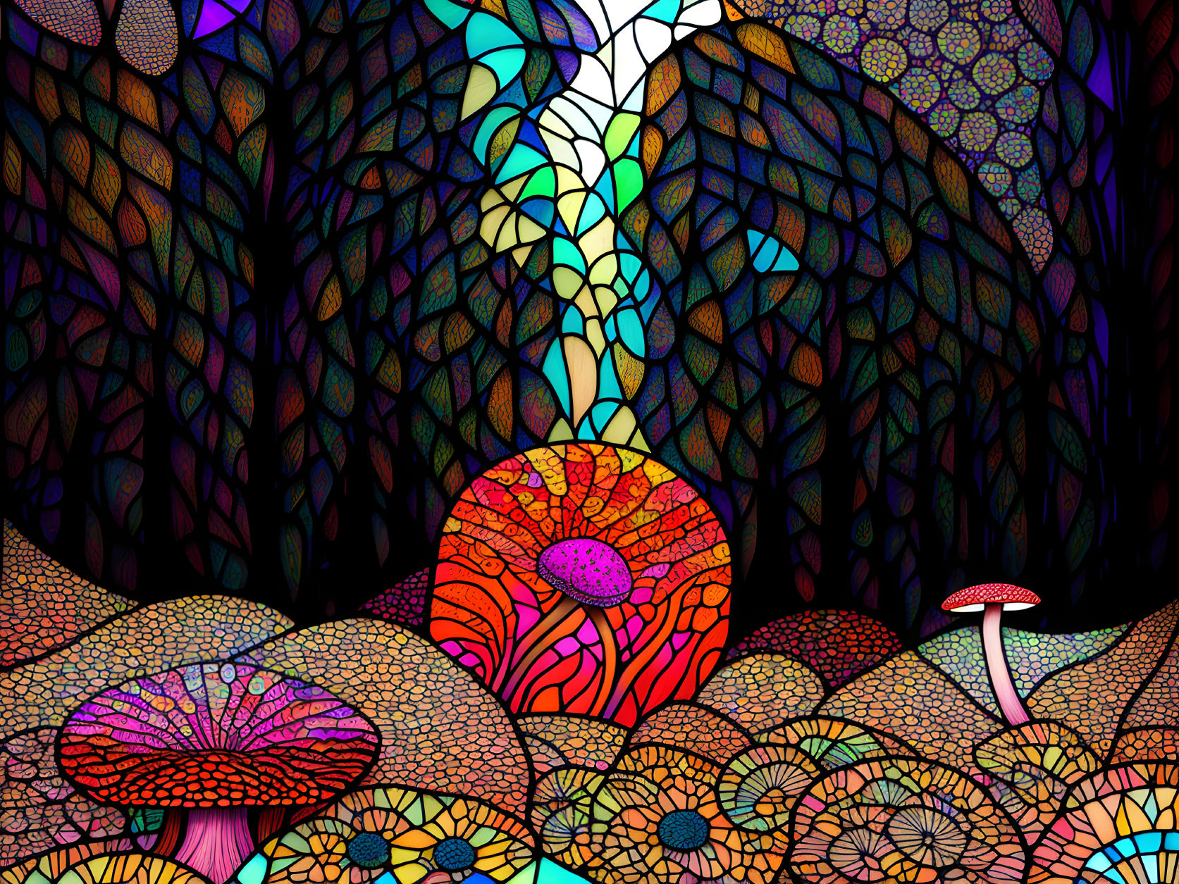 Colorful Mushroom and Wing Stained Glass Illustration