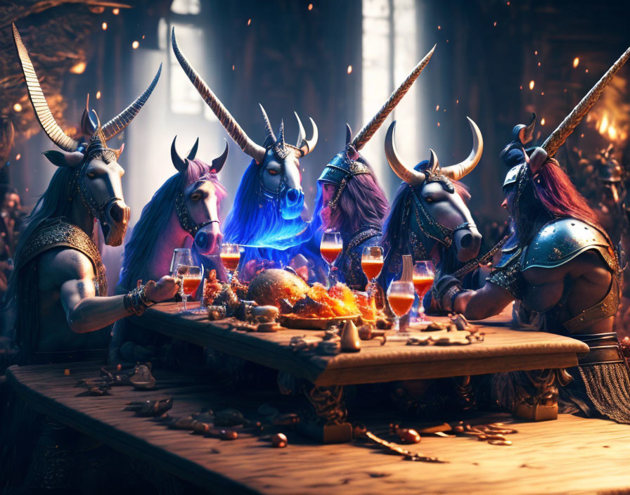 Anthropomorphic Viking horses enjoying a feast with chicken and goblets