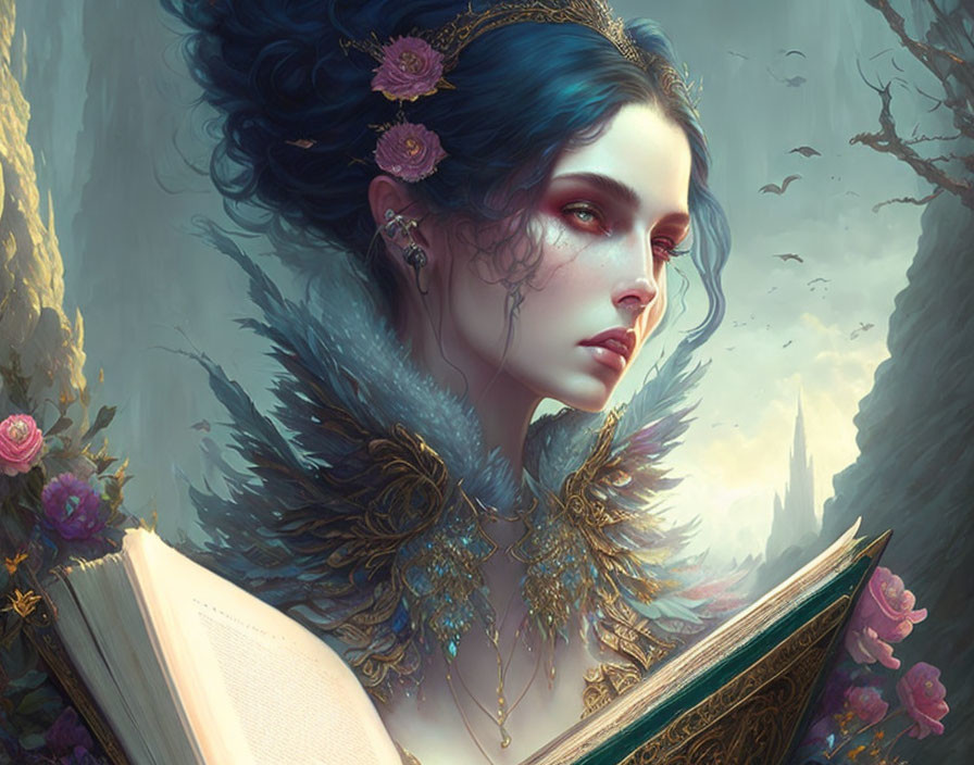 Blue-haired woman reading book with golden collar, castle in mist