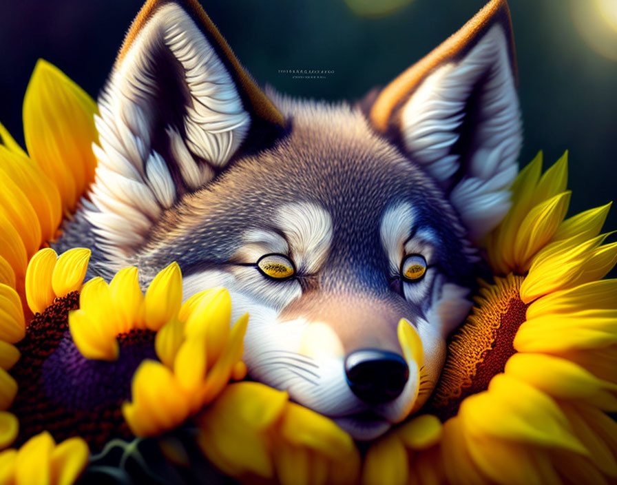 Digital artwork: Wolf's face in sunflowers with fur texture & golden eyes