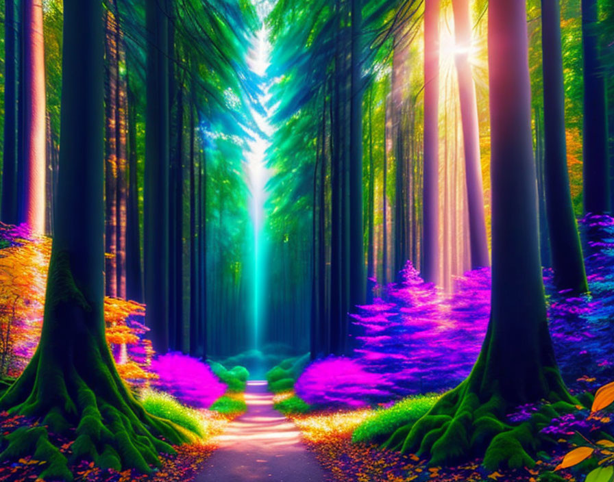 Vibrant enchanted forest with sunbeam and colorful underbrush