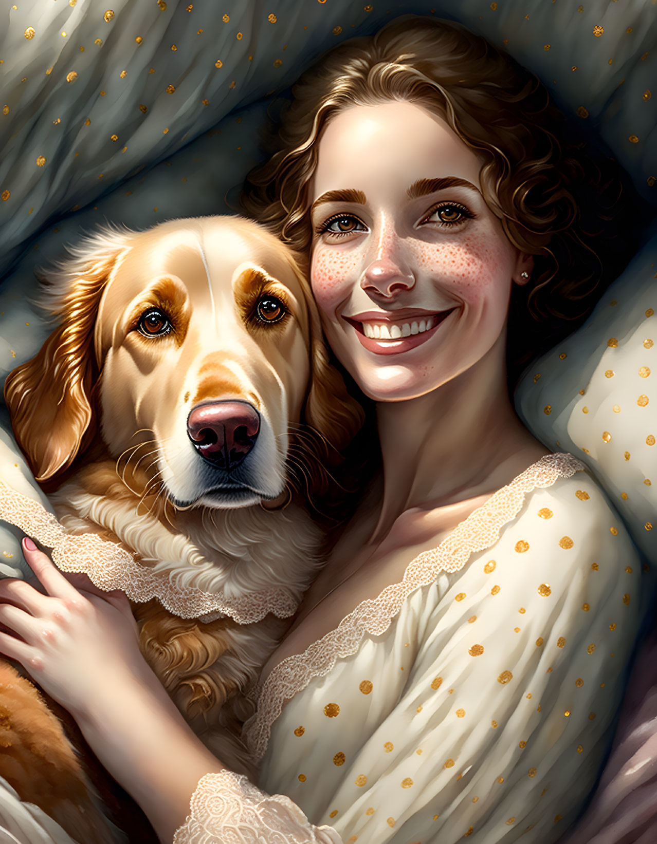 Brown-haired woman in yellow dress hugging golden retriever under star-patterned blanket