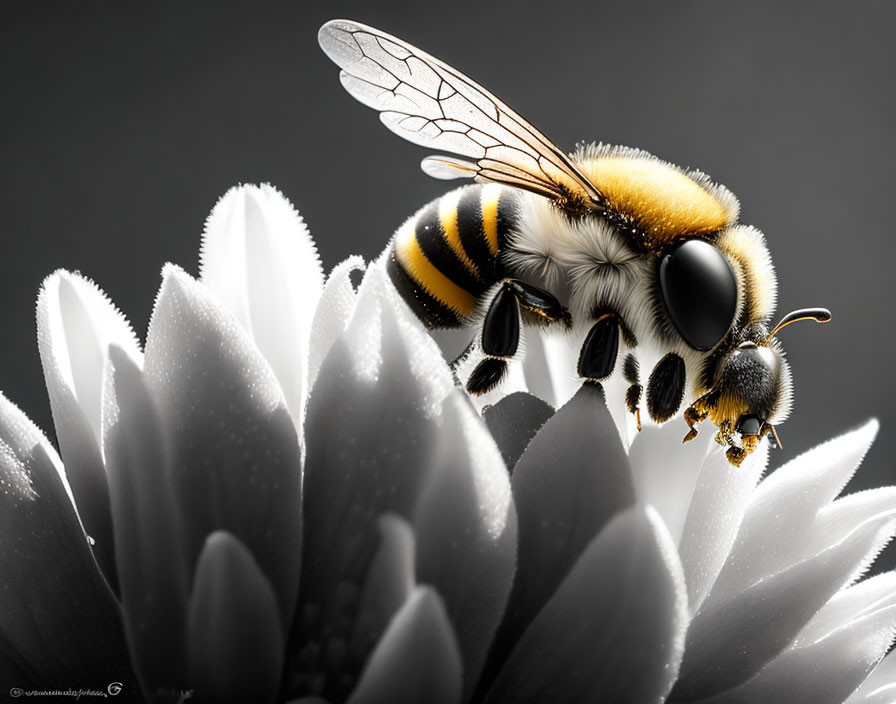 Detailed Close-Up: Bee on Monochrome Flower with Fuzzy Body