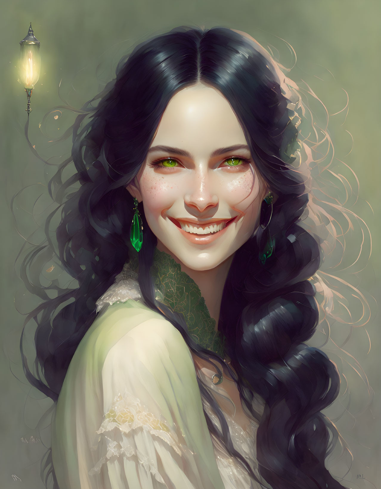 Smiling woman with long black hair in vintage dress and green earrings