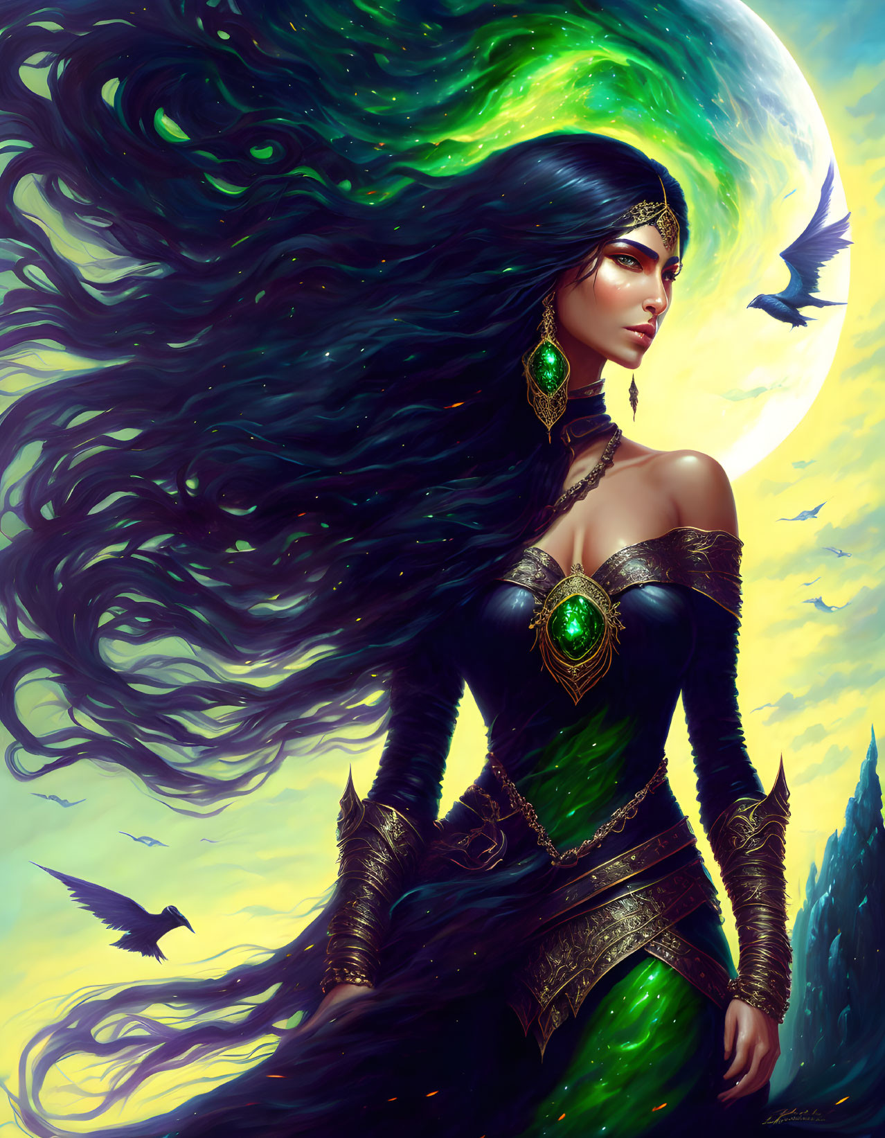 Mystical woman with black hair in green and gold regalia against moon and ravens