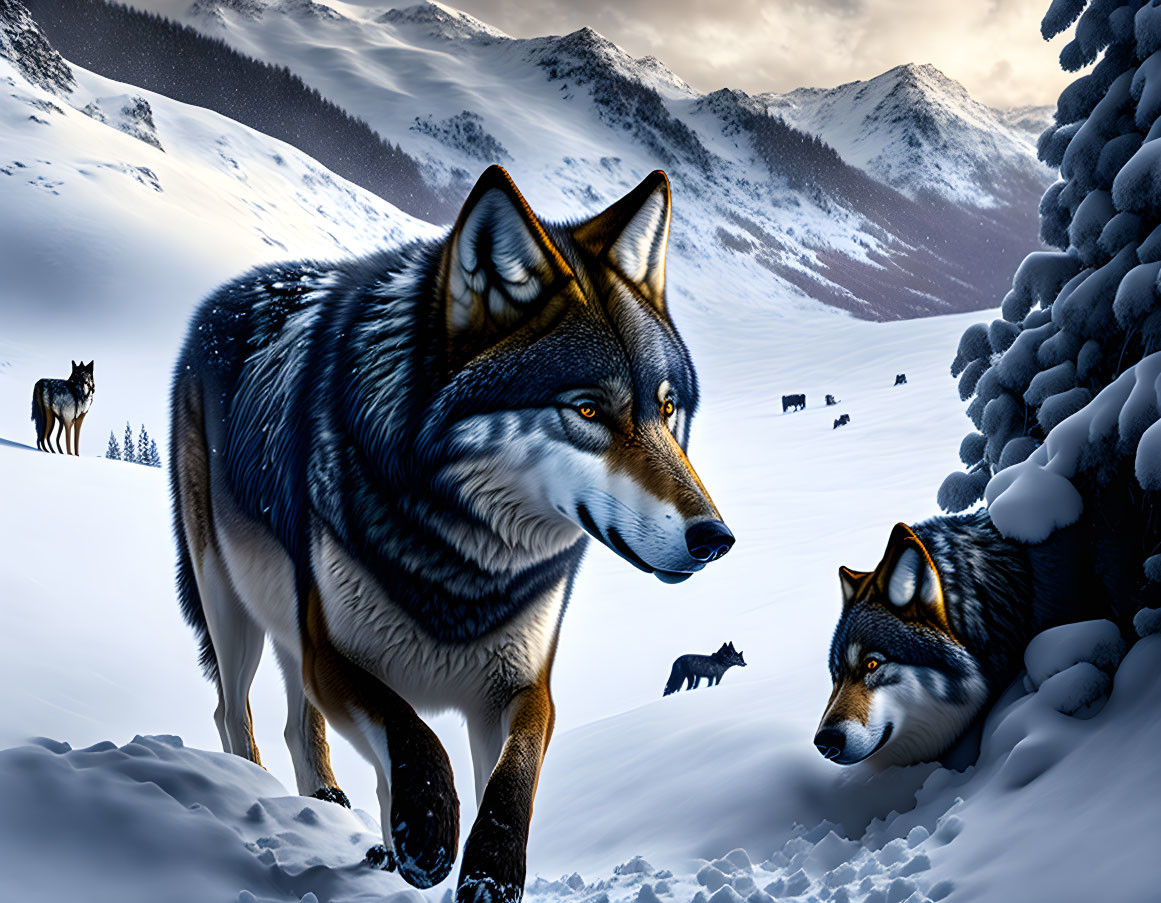 Digital artwork: Wolves with blue fur patterns in snowy mountain twilight