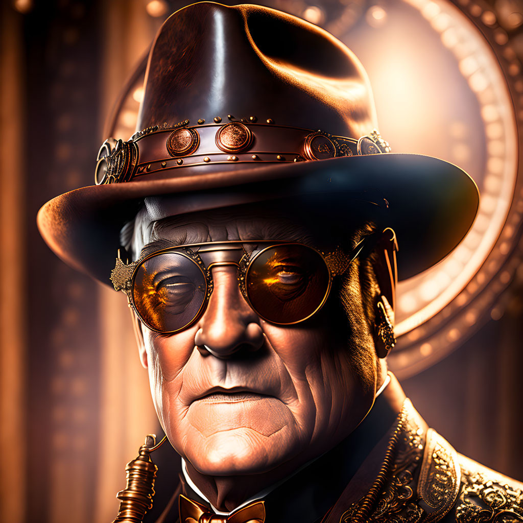 Steampunk style elderly gentleman with top hat and round glasses against warm gear backdrop