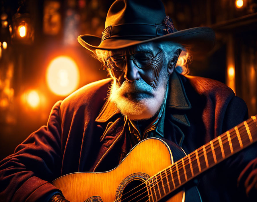 Elderly man with white beard playing guitar under warm lighting