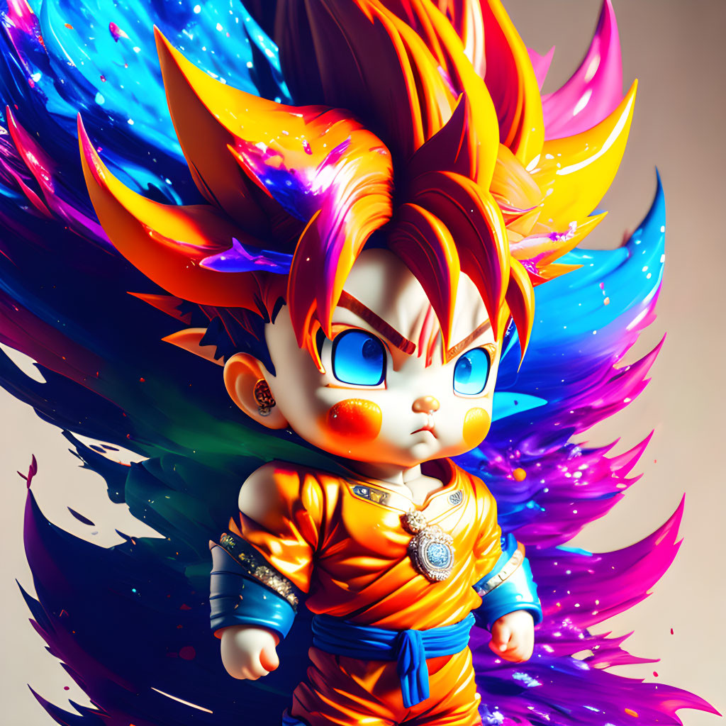 Colorful Chibi Anime Character with Spiky Hair and Martial Arts Outfit