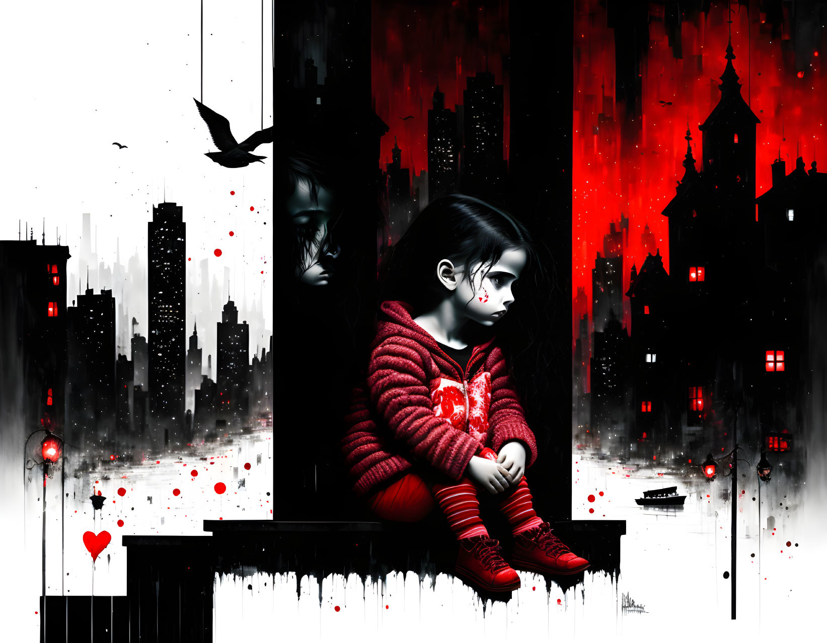 Gothic art: Girl in red, somber cityscape, crows, crimson accents,