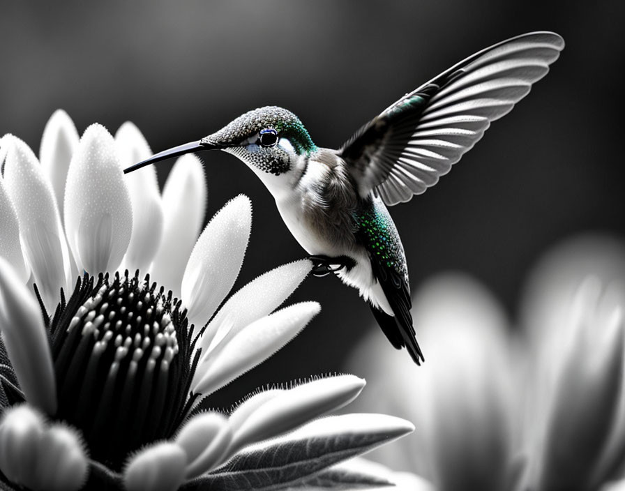 Green plumage hummingbird hovers over white and black flowers on grayscale background