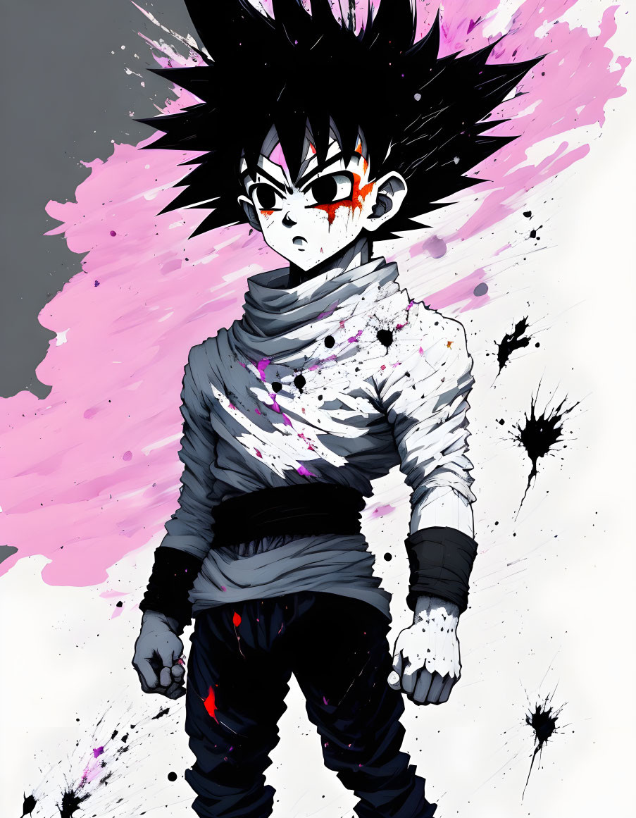 Anime-style illustration: Boy with spiky black hair and white scarf on black and pink background