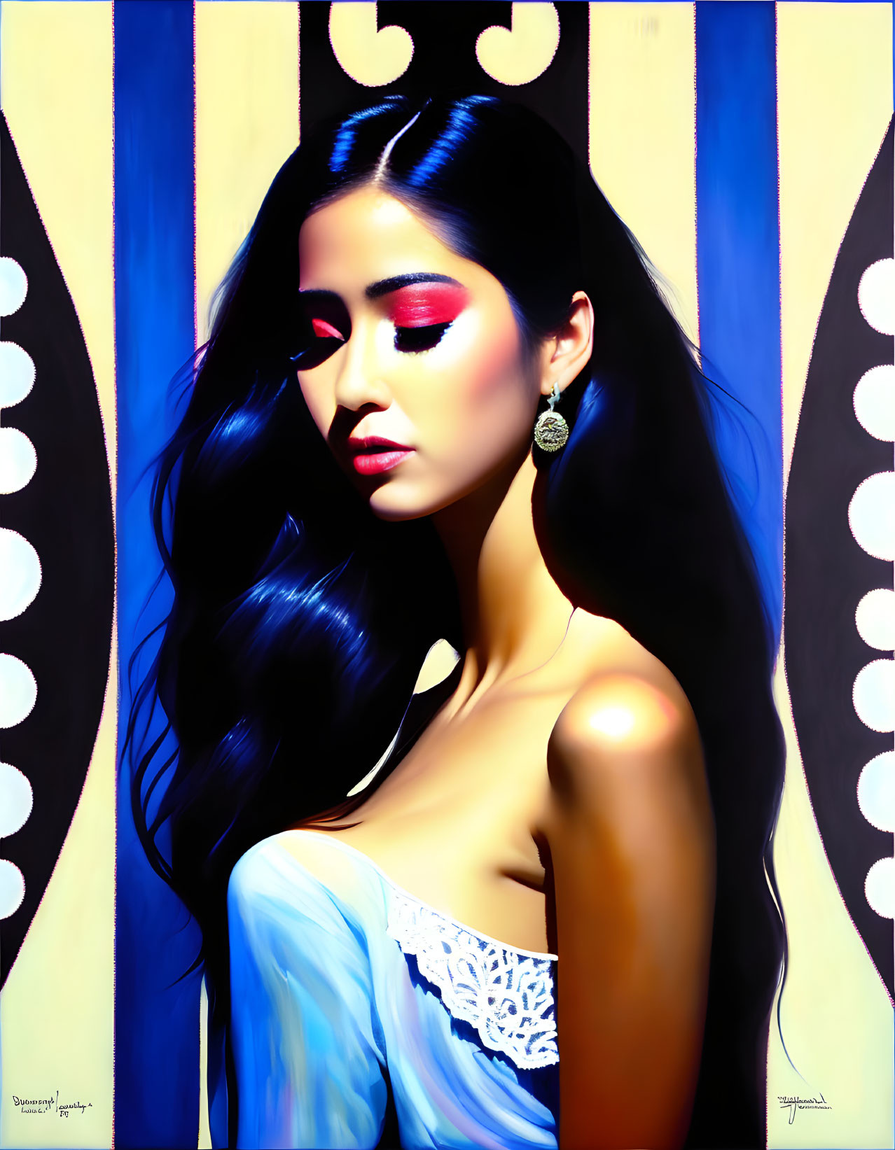 Stylized portrait of woman with long black hair in blue dress on yellow and blue background