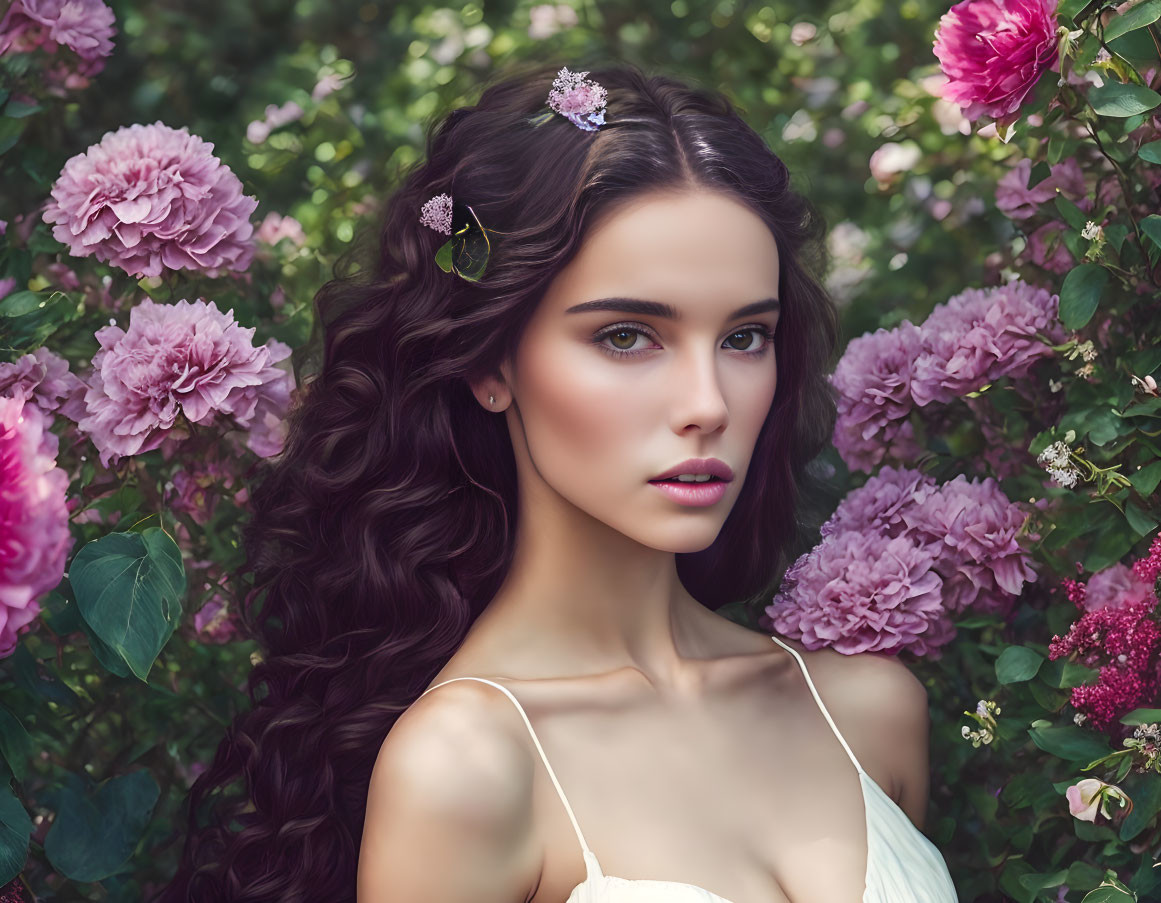 Long-Haired Woman Surrounded by Pink Hydrangeas