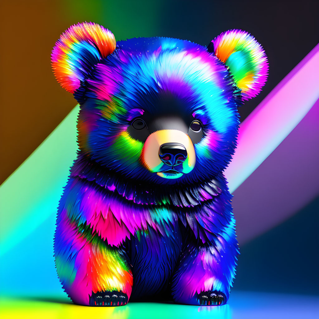 Colorful Bear Illustration with Neon Rainbow Fur