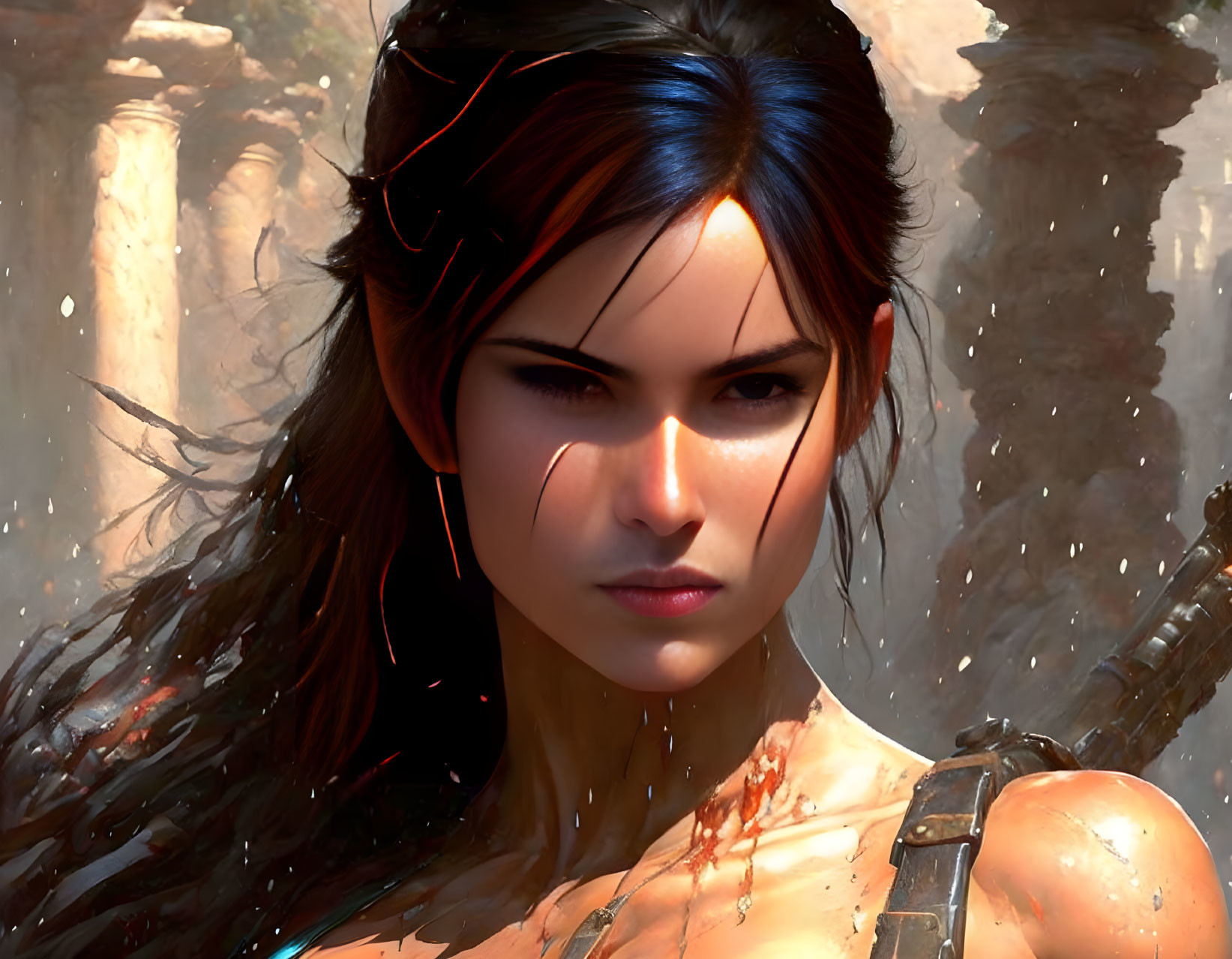 Determined female warrior with dark hair and blue headband against blurred pillars.