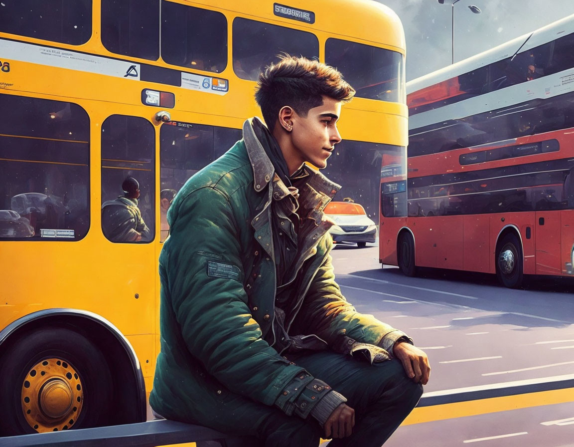 Young man in contemplation at busy station under warm sunlight