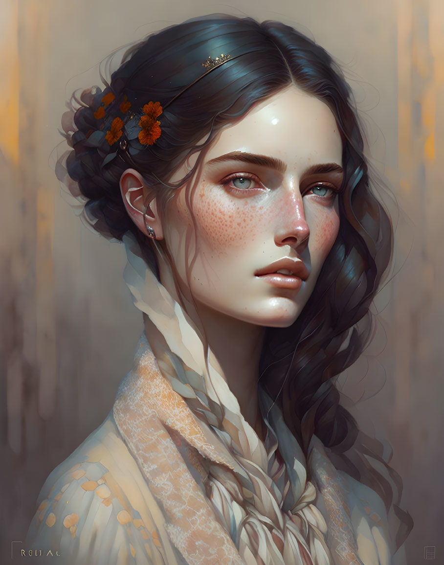 Portrait of woman with braided hair, flowers, freckles, serene expression