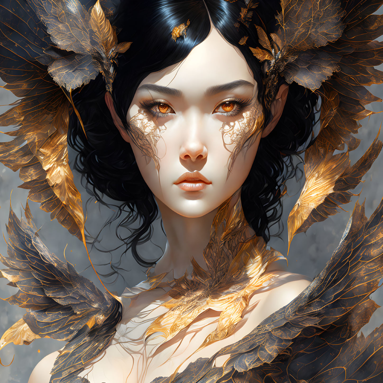 Ethereal digital artwork: woman with golden feathers and intricate lace patterns