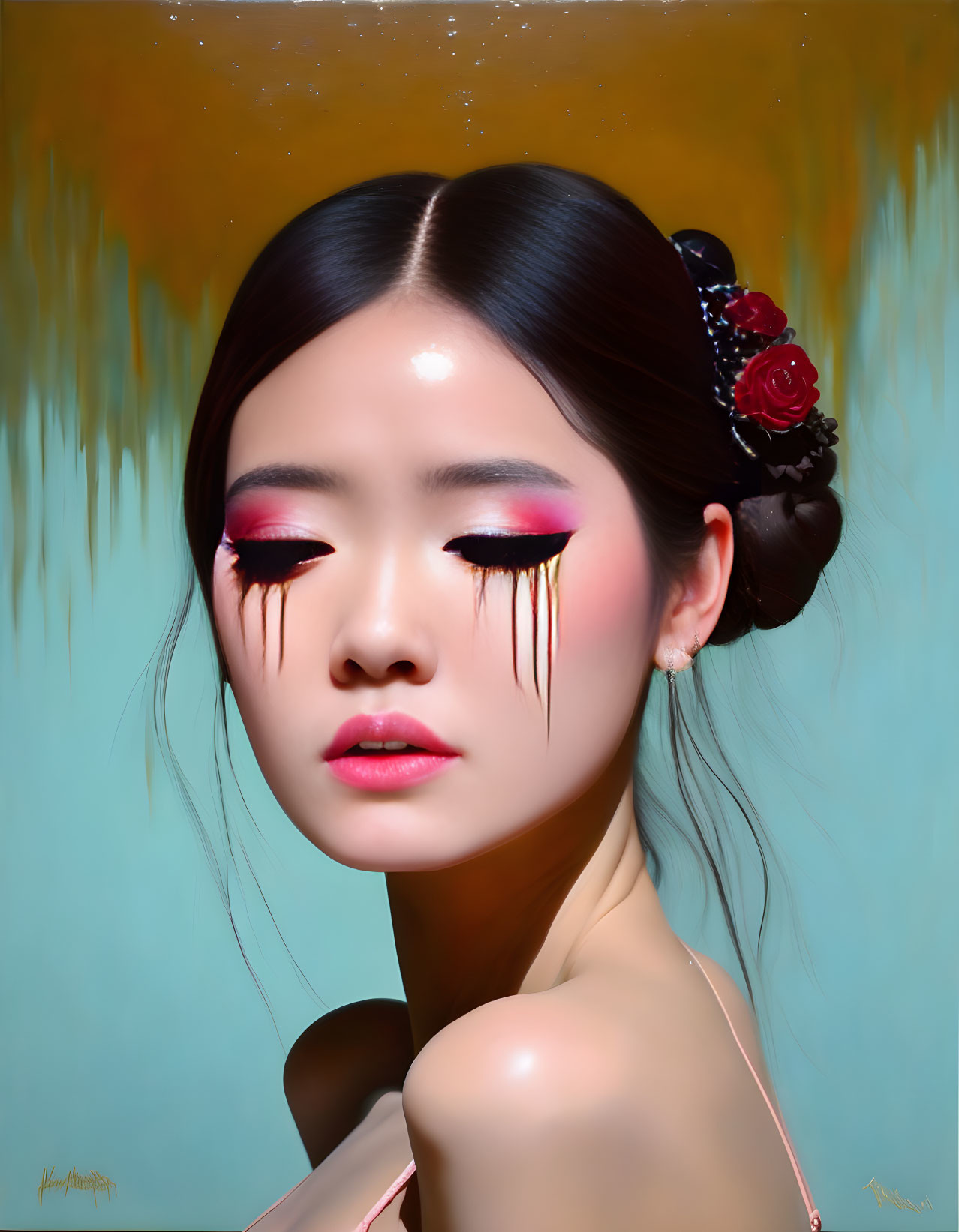 Digital artwork: Woman with stylized makeup and tears on amber background